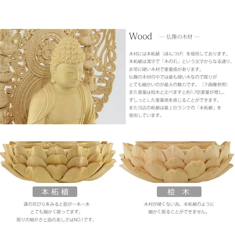 本柘植仏像 上彫り仕上げ 座阿弥陀 十三仏光背 【天台宗】の木材について