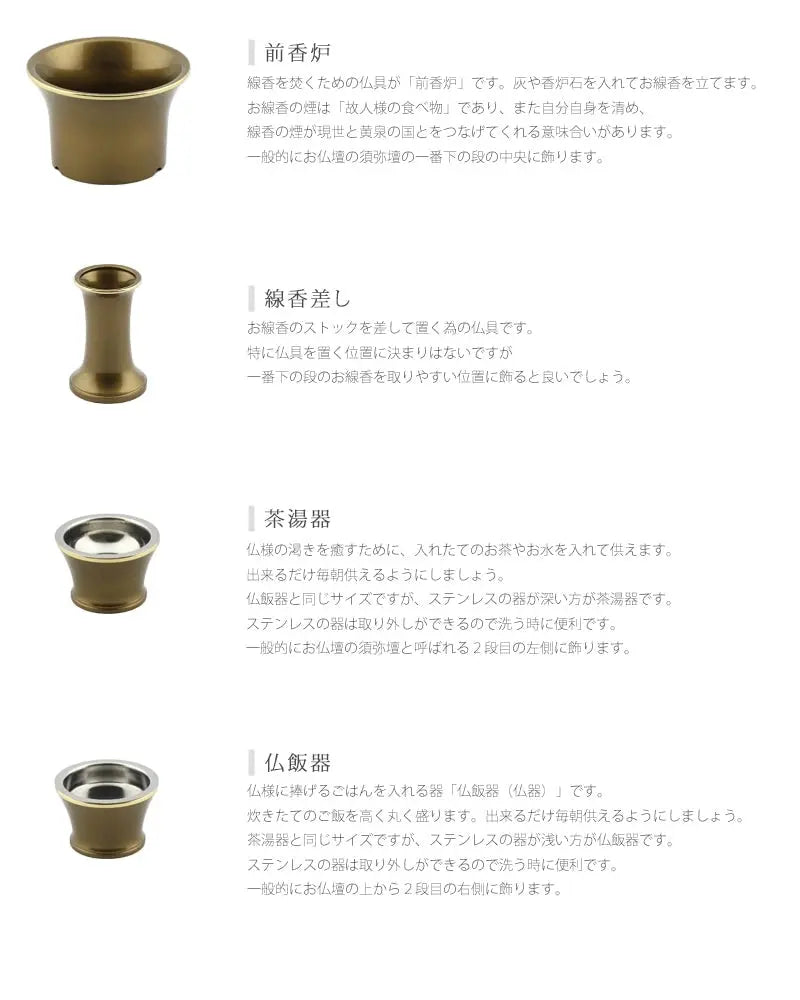 モダン仏具セット シャンテ ライトブラウン 各仏具の説明。