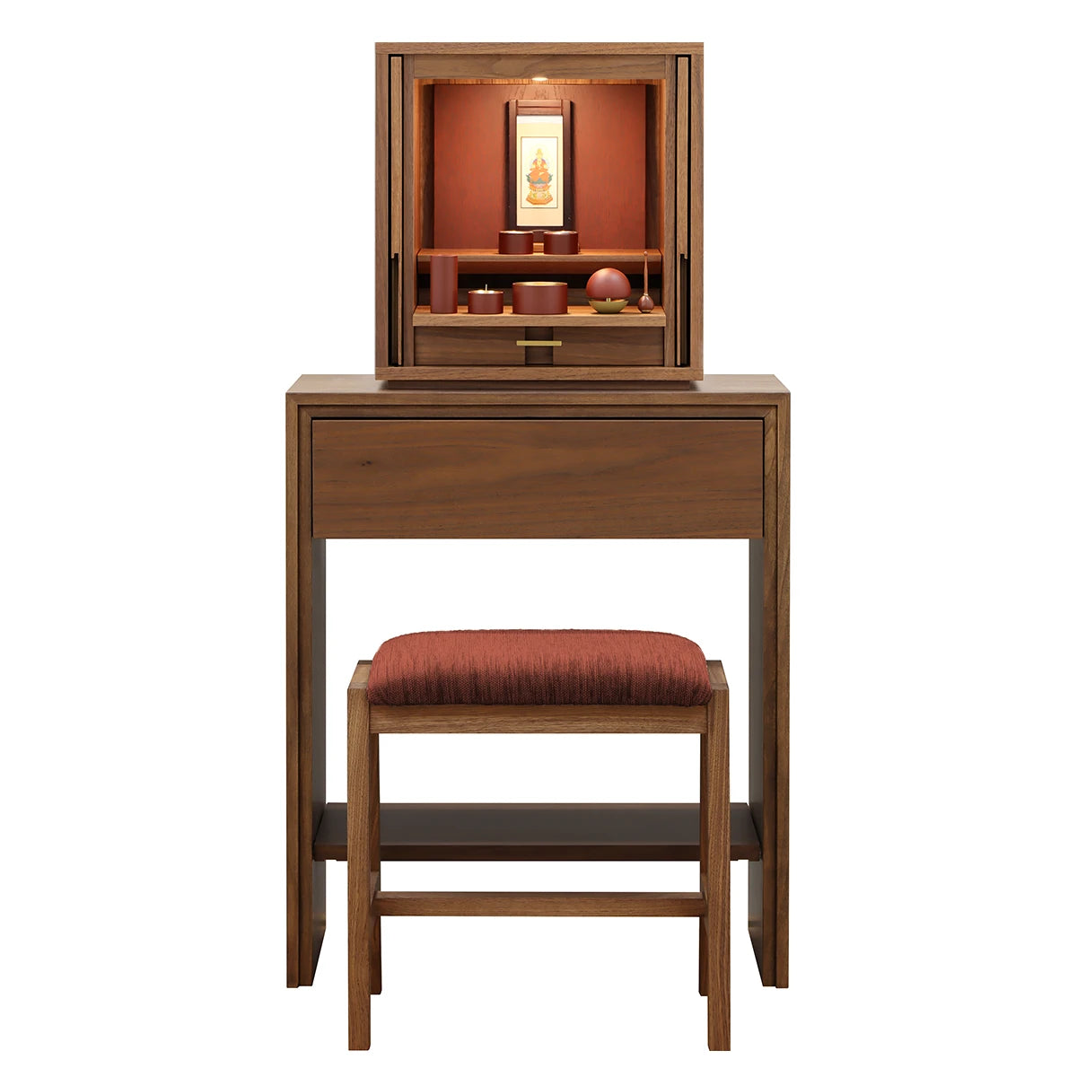 モダン仏壇 TSUDOU 台付き ウォールナット×海老茶の仏具入りサムネイル画像