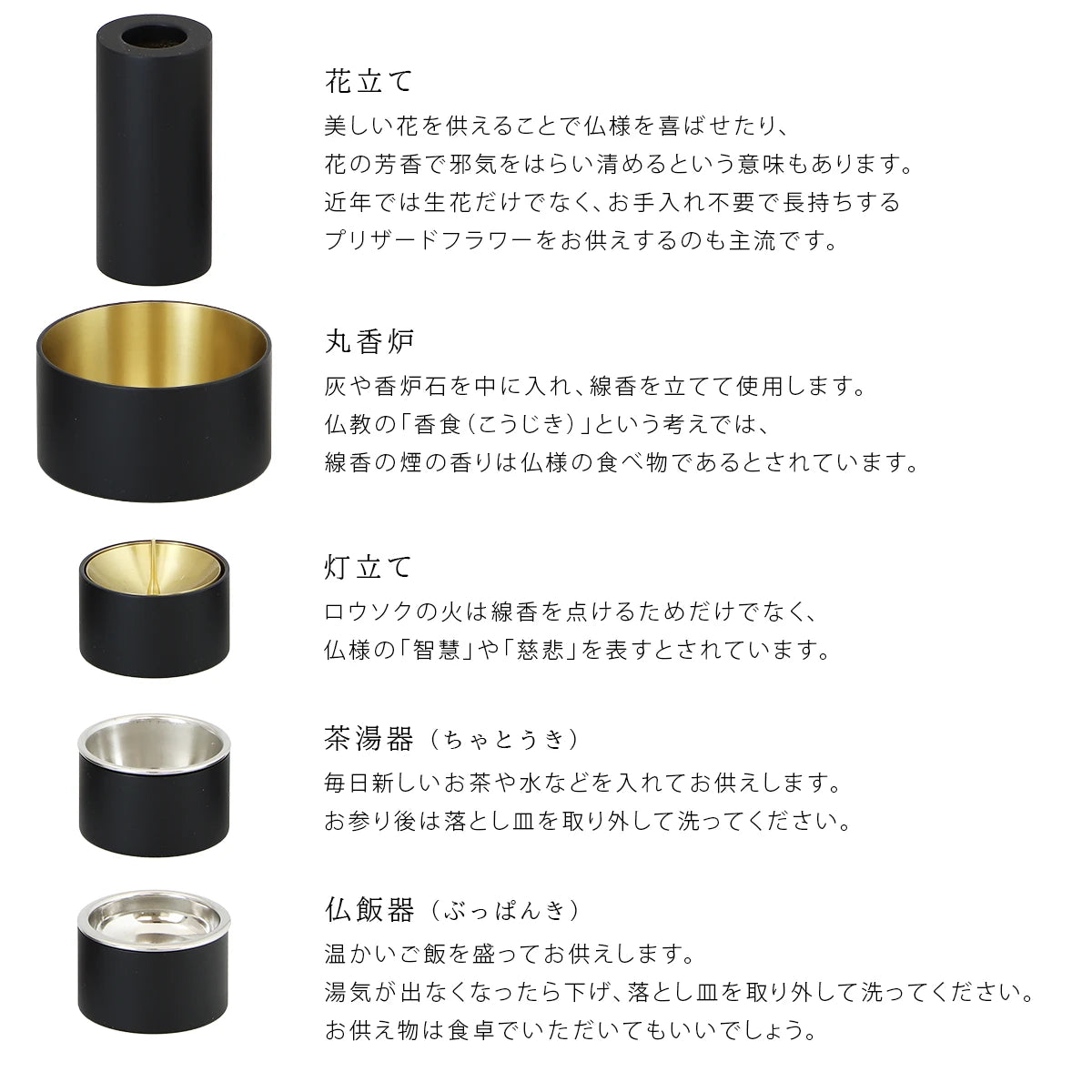 モダン仏具セット SEN マットブラックの各仏具の意味