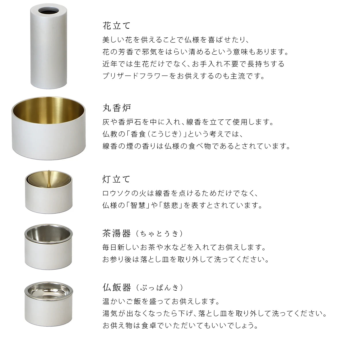 モダン仏具セット SEN マットホワイトの各仏具の意味