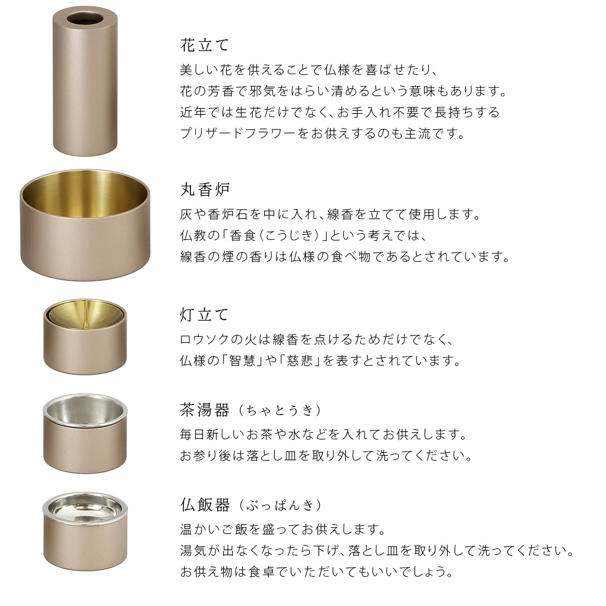 モダン仏具セット SEN マットバニラ の各仏具の意味
