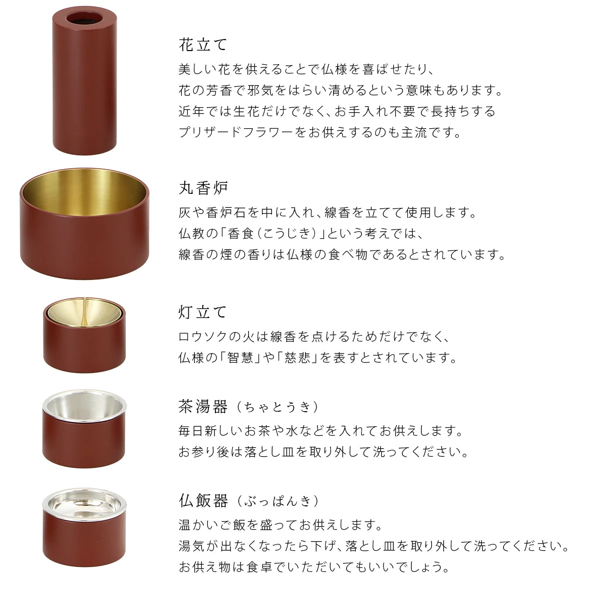 モダン仏具セット SEN マットレッドの各仏具の意味