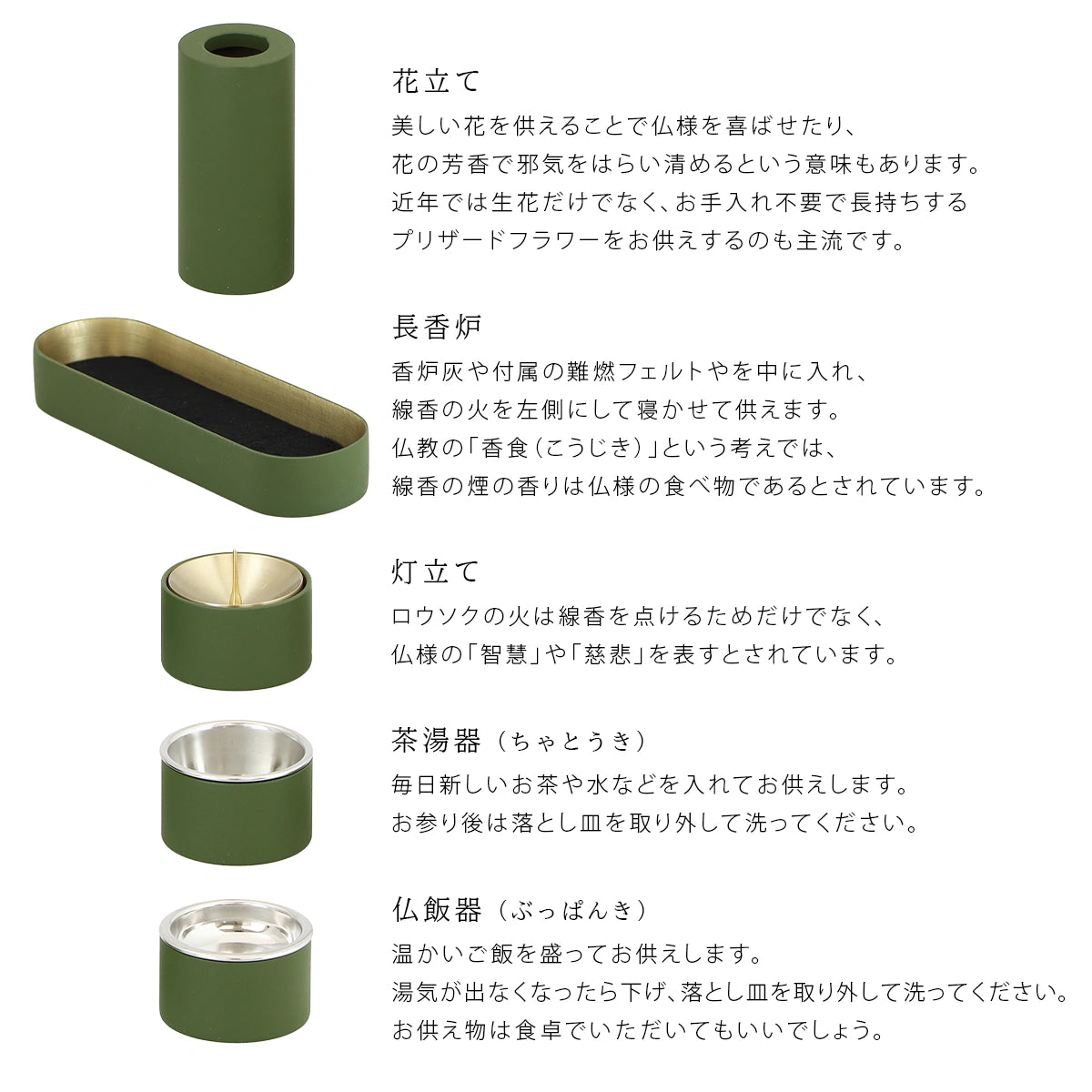 モダン仏具セット SEN 長香炉 マットオリーブの各仏具の意味と使い方