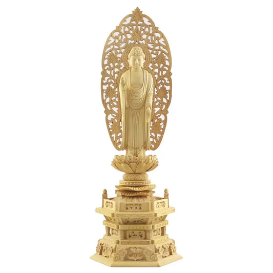 本柘植仏像 上彫り 六角台座 舟立弥陀【浄土宗・時宗】