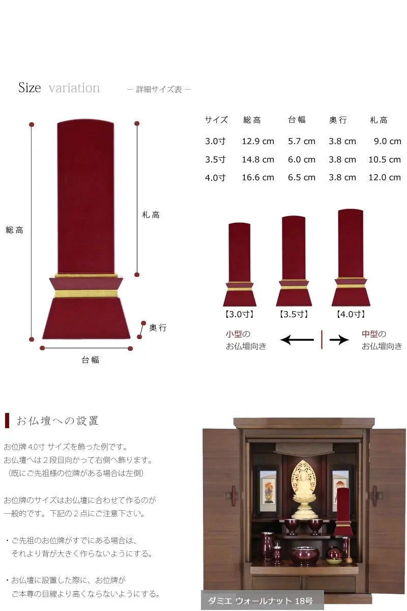 お仏壇に設置した例とサイズ目安。