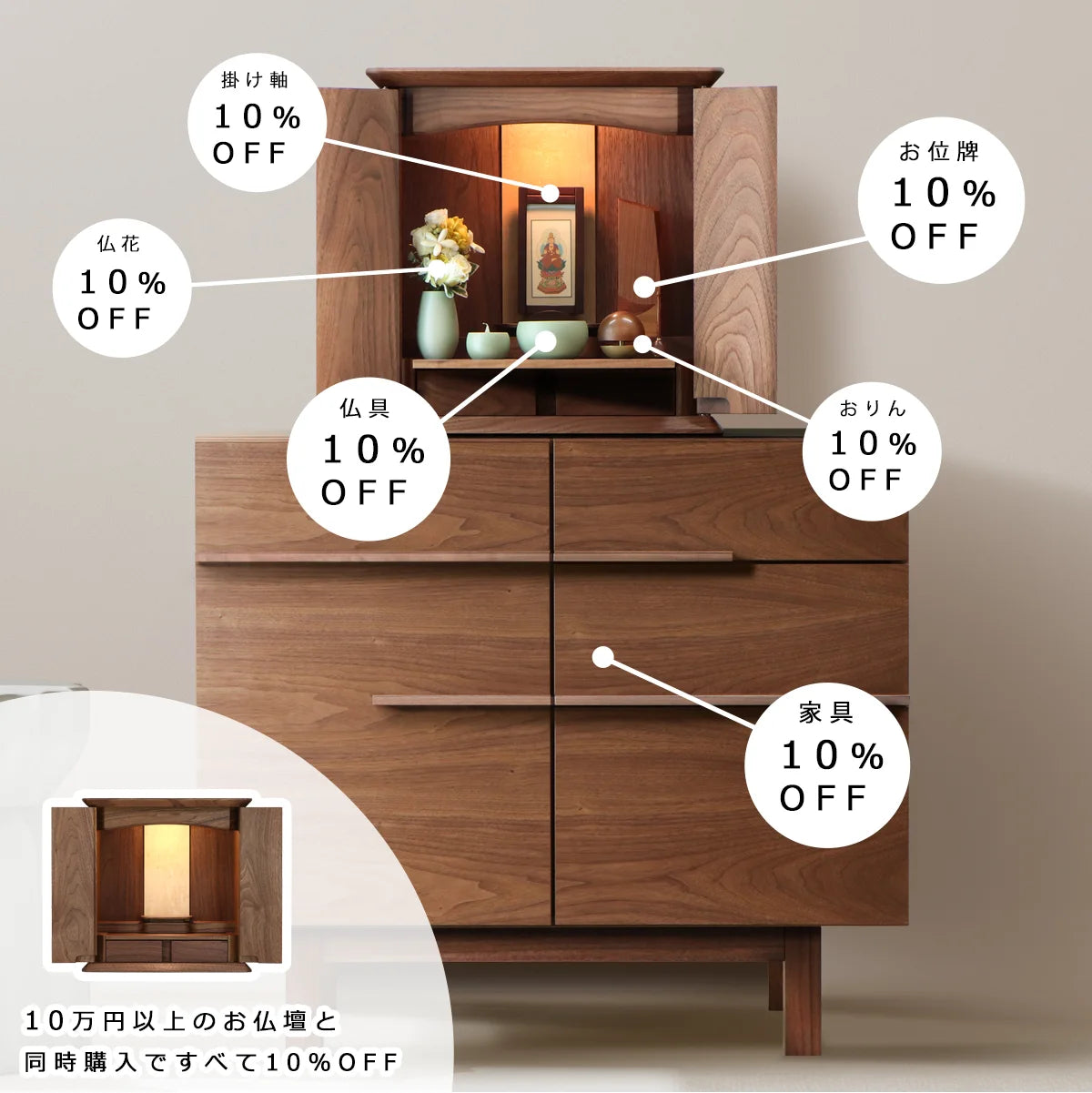 10万円以上のお仏壇と同時購入で、対象アイテム全て10％OFF