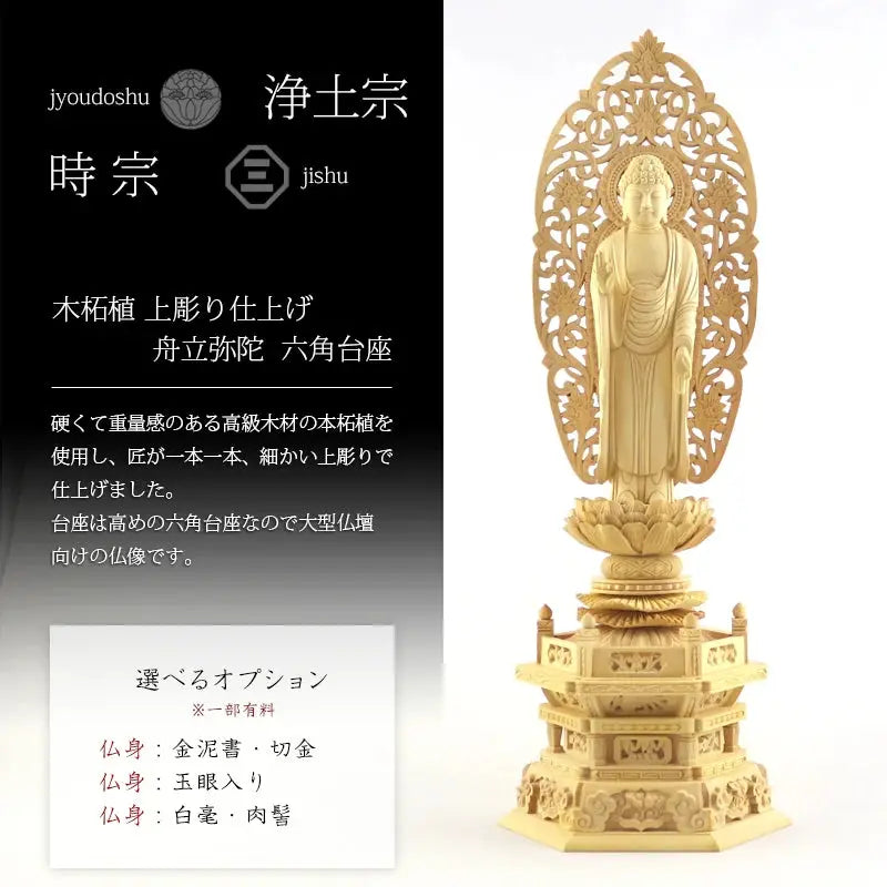 本柘植仏像 上彫り 六角台座 舟立弥陀の各種オプションと大まかな説明