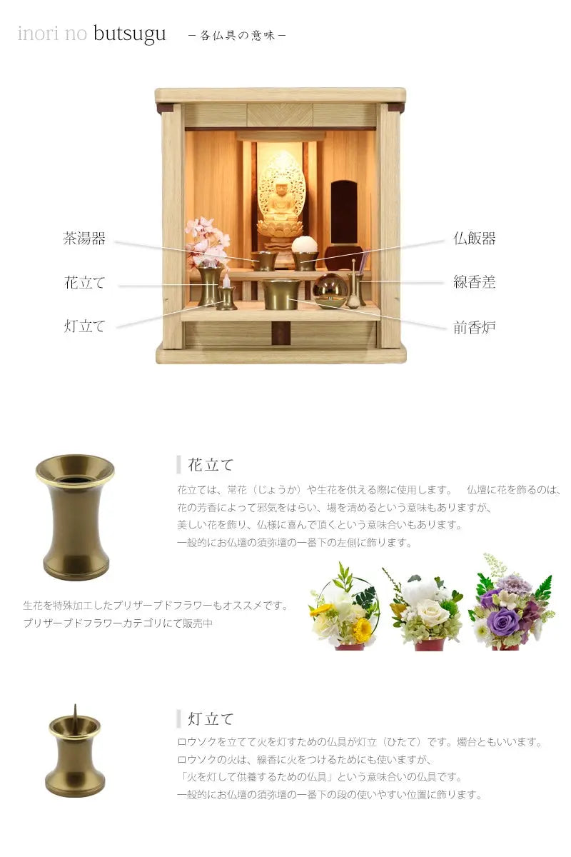 モダン仏具セット シャンテ ライトブラウン 各仏具の説明。