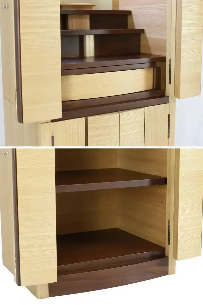 デザイナーズ仏壇 リスン タモ・ウォールナット フロアタイプの詳細部分の下部拡大画像をご覧ください。