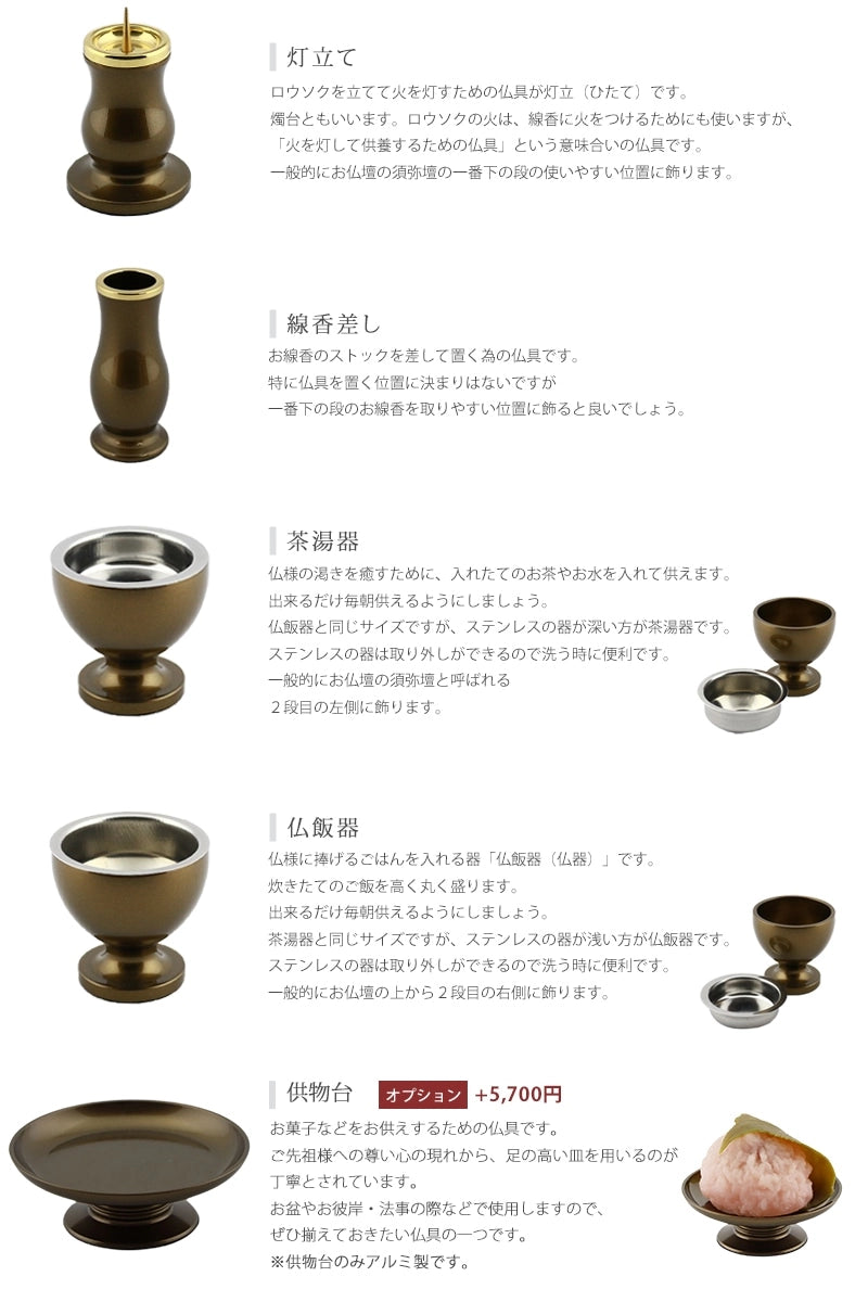 モダン仏具セット 「アルミムク」 ライトブラウン 仏具6点セットの各種仏具についての説明②