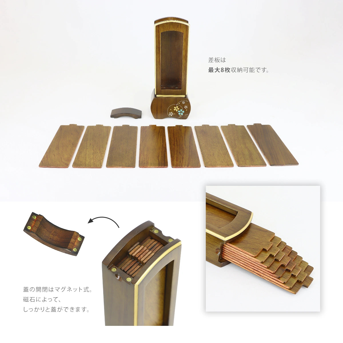 モダン回出位牌 優徳 心花 ダークグリーンの差板と蓋の開閉