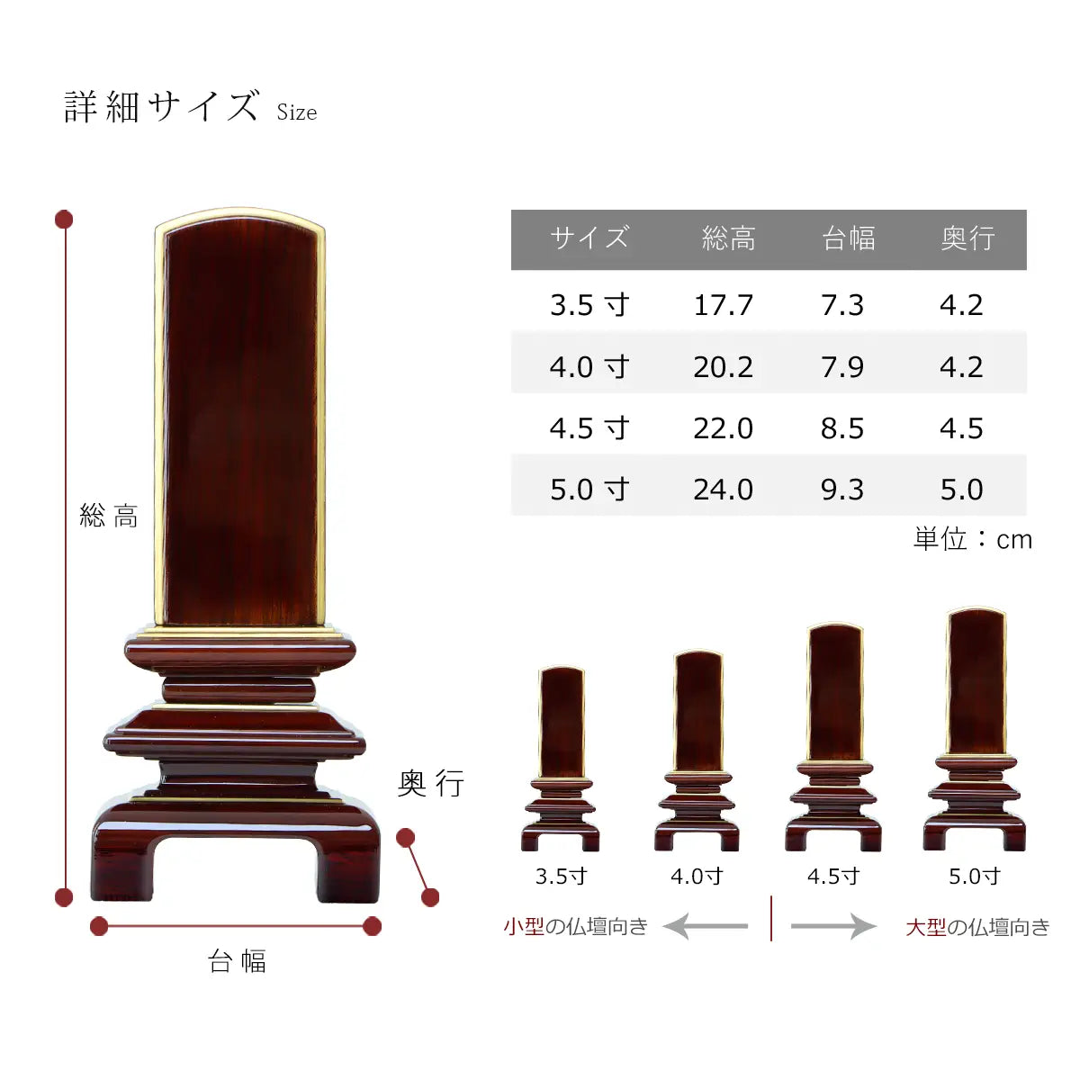 「輪島上塗位牌 天寿楼門 陽炎 紫檀」のサイズ詳細画像