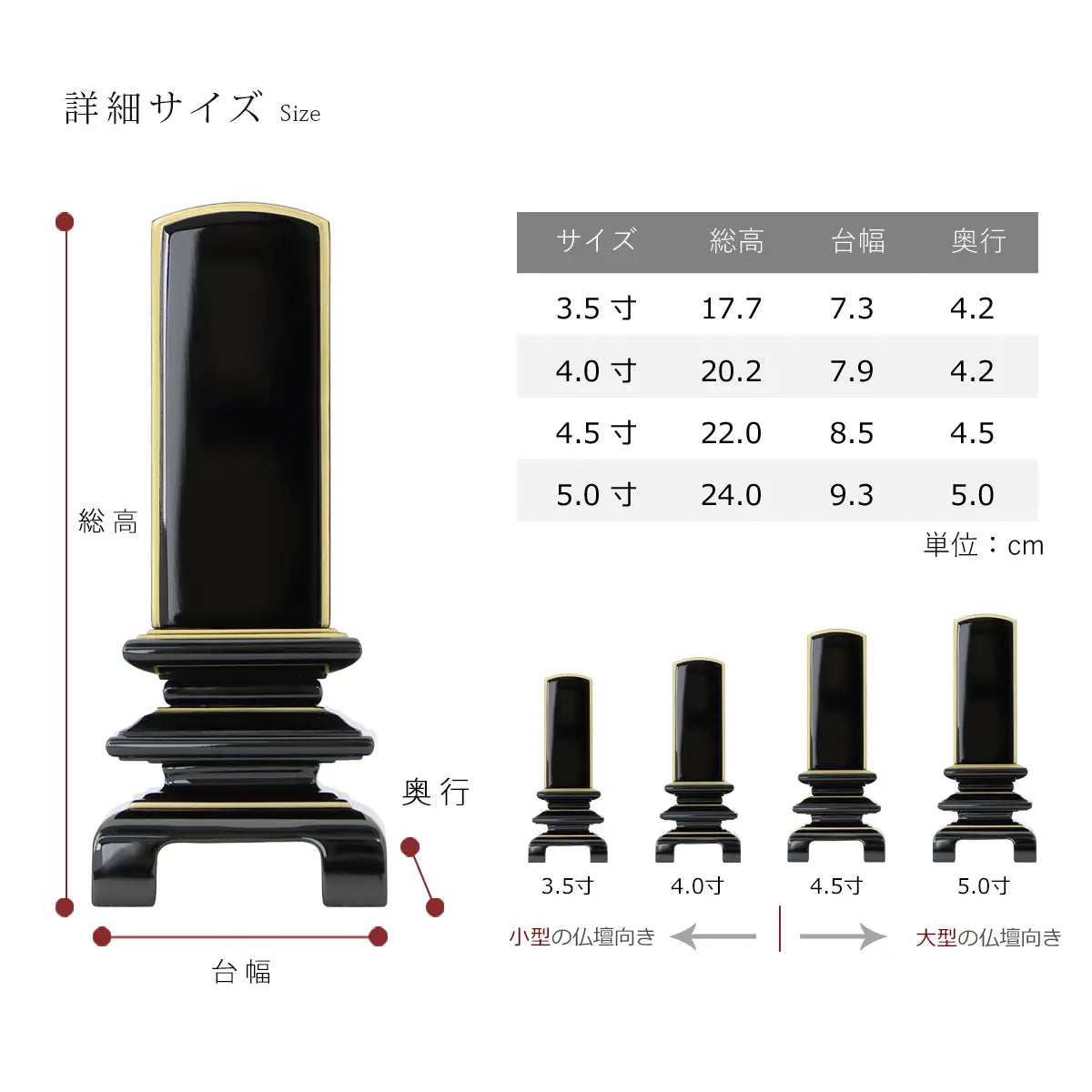 「輪島上塗位牌 天寿楼門 陽炎 黒塗り」のサイズ詳細画像
