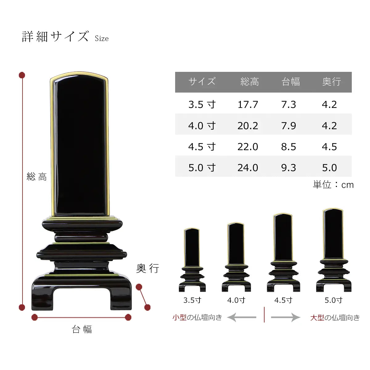 「輪島上塗位牌 天寿楼門 陽炎 黒檀」のサイズ詳細画像
