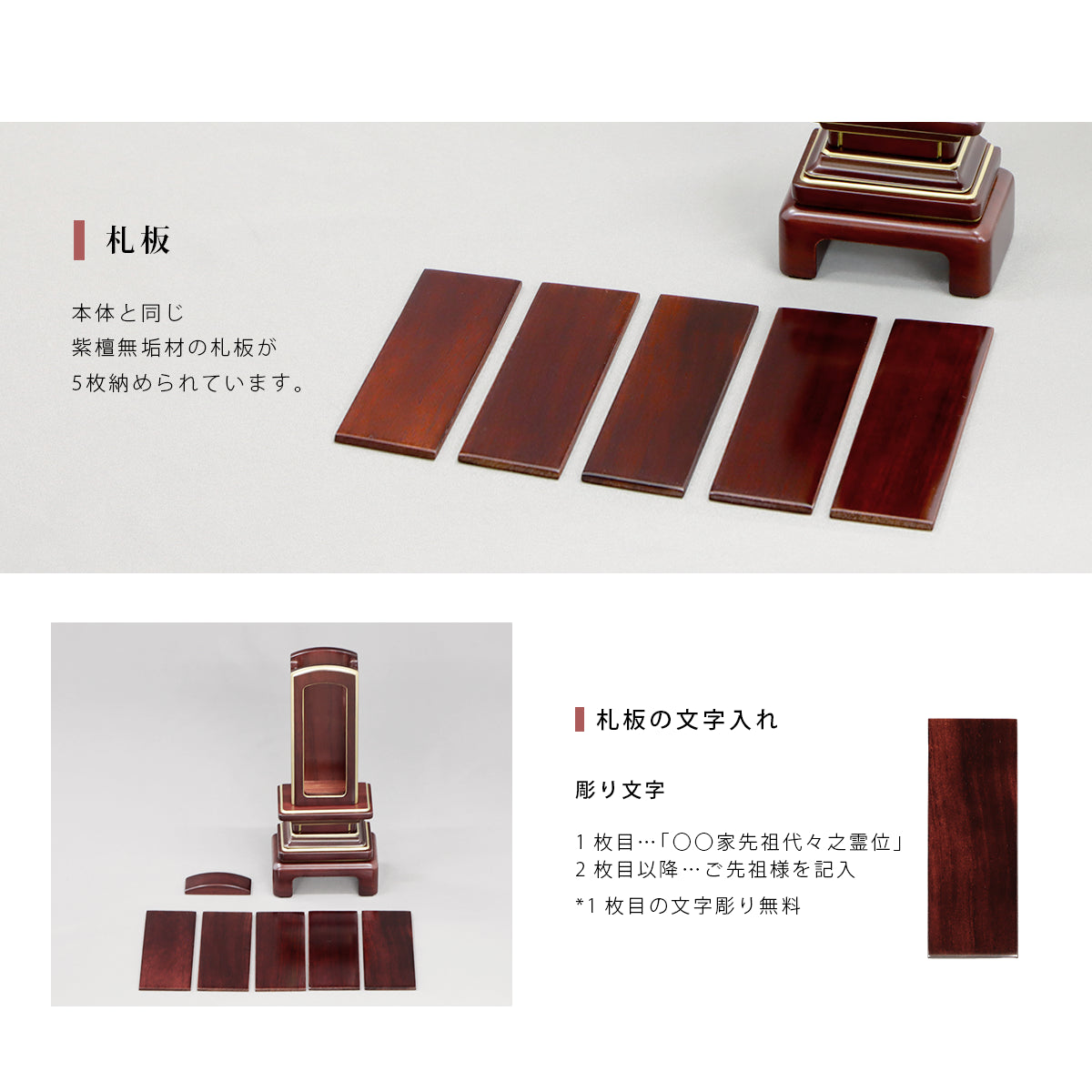 回出位牌 「京型」紫檀の札板についての説明。