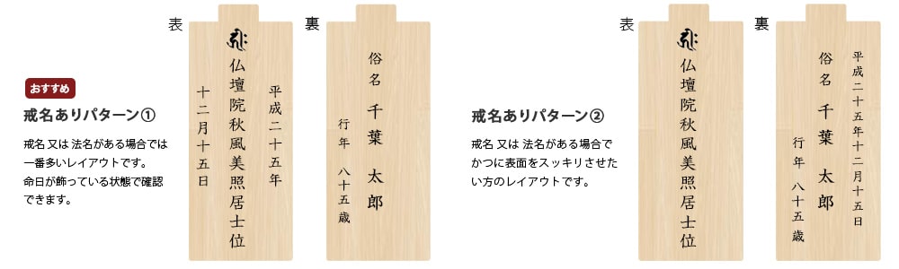 戒名を入れる場合の回出位牌の2枚目～のレイアウトを教えてください。