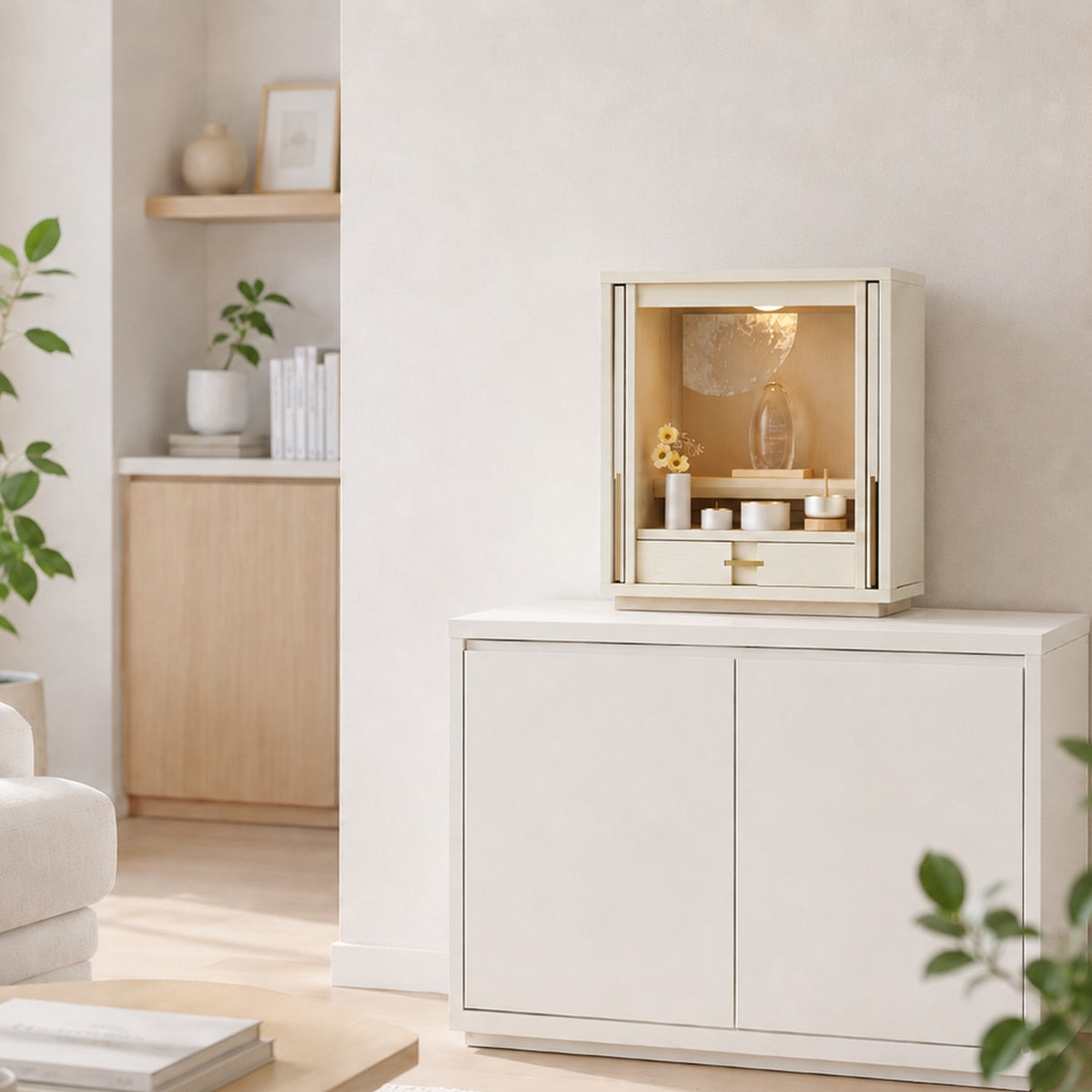 クリームホワイトのモダン仏壇に、伝統工芸の銀色の箔でどこか和も残した白い仏壇。