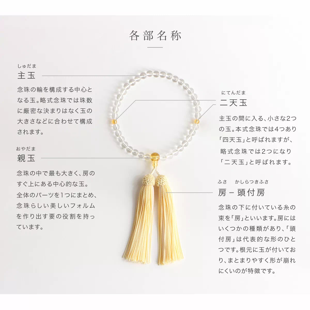 主玉には、透明感のある水晶を使用しています。親玉・二天玉・ボサには、黄水晶・藤雲石・縞メノウ・ソーダライトなど、それぞれ異なる素材を組み合わせています。
