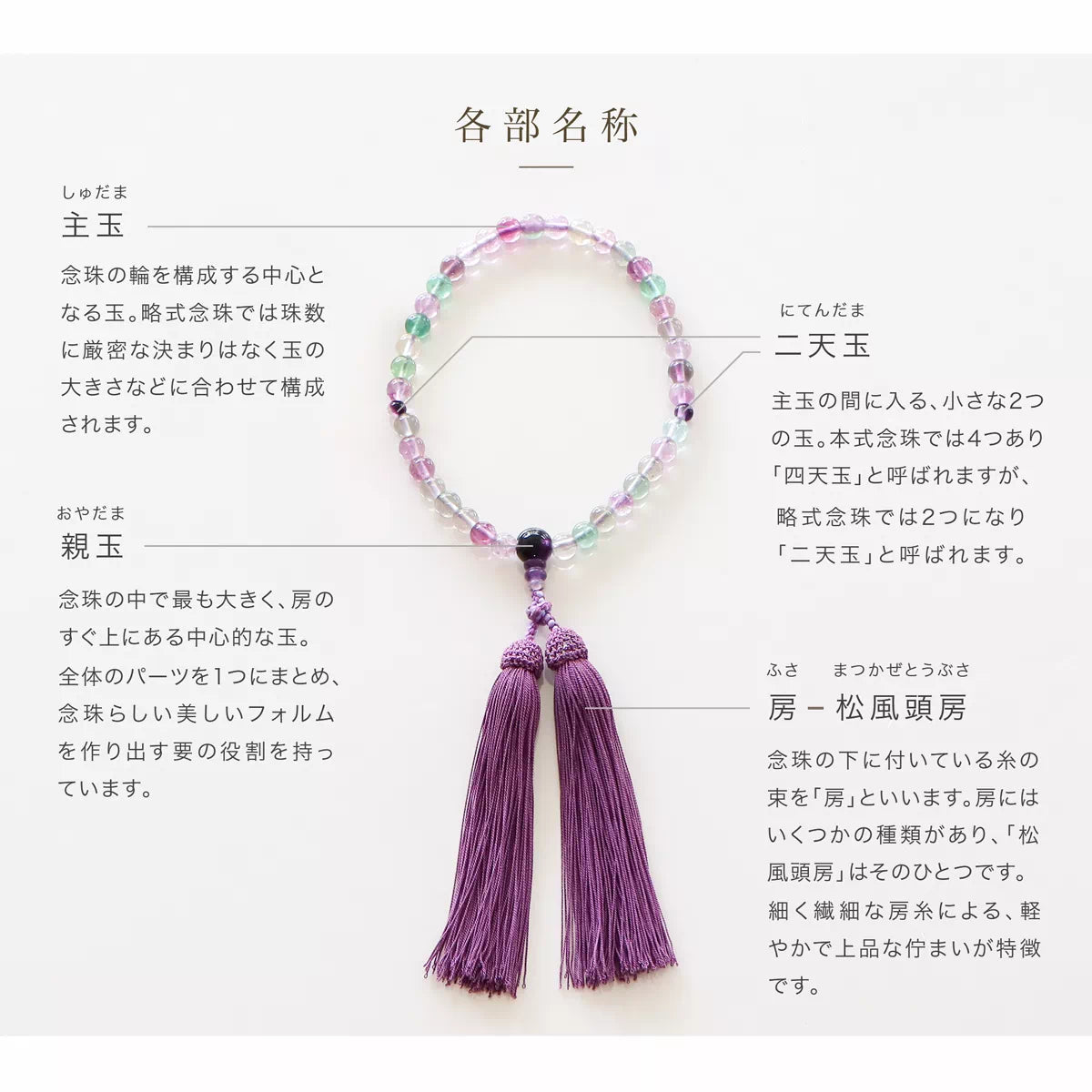 主玉・親玉・天玉には、すべて蛍石を使用した共仕立です。