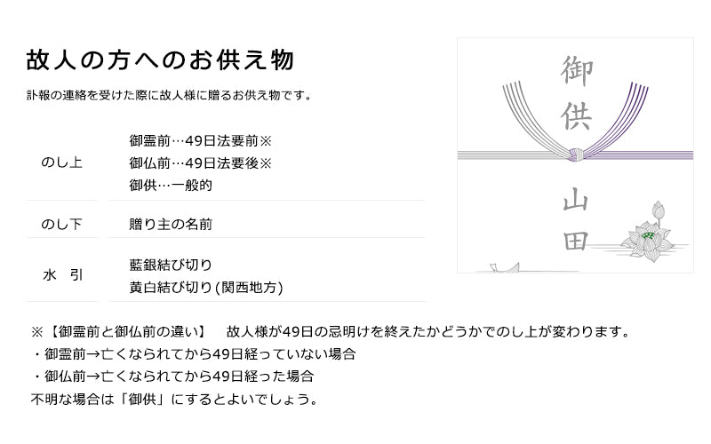 御霊前・御仏前・御供えは何が違う？熨斗の選び方を教えてください。