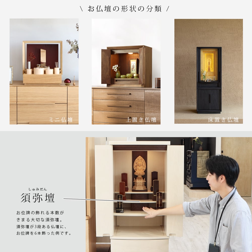 お仏壇のサイズ別の形状、須弥壇の説明
