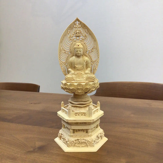 アウトレット特価商品、本柘植仏像 上彫り 六角台座 座釈迦仏像の正面画像