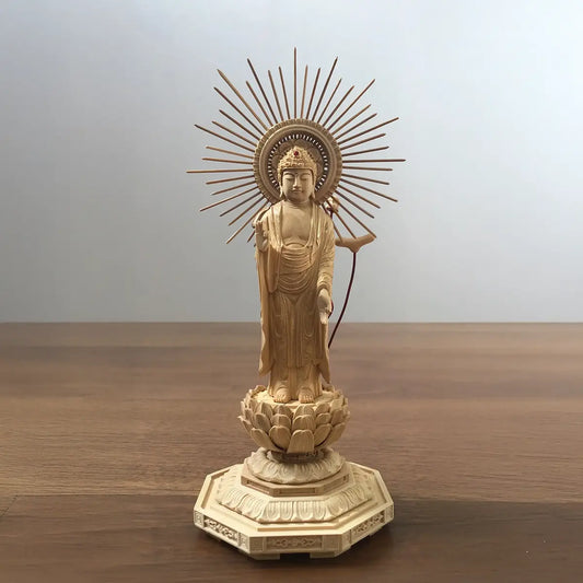 【アウトレット】本柘植仏像 上彫り 八角台座 東立弥陀　3寸　正面