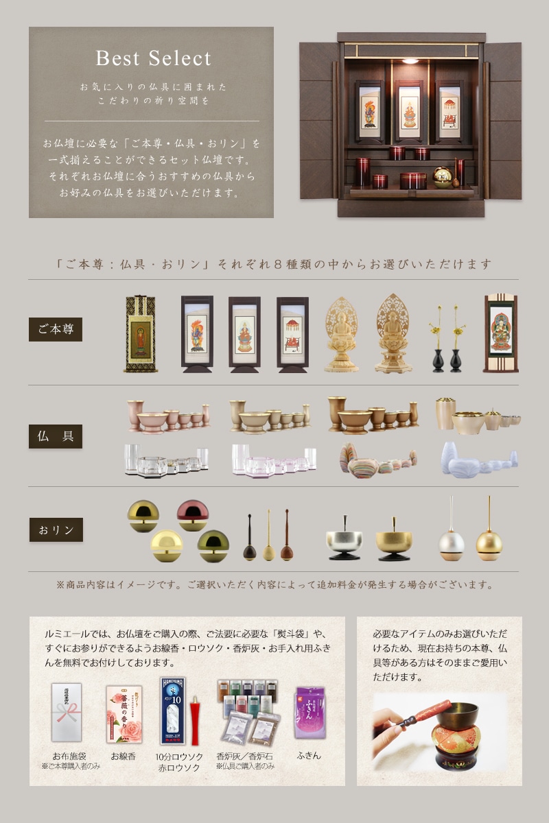 お仏壇に本尊・仏具セット・リン・付属品が全部セットで付くセット価格です。仏具は高級仏具が付きます。