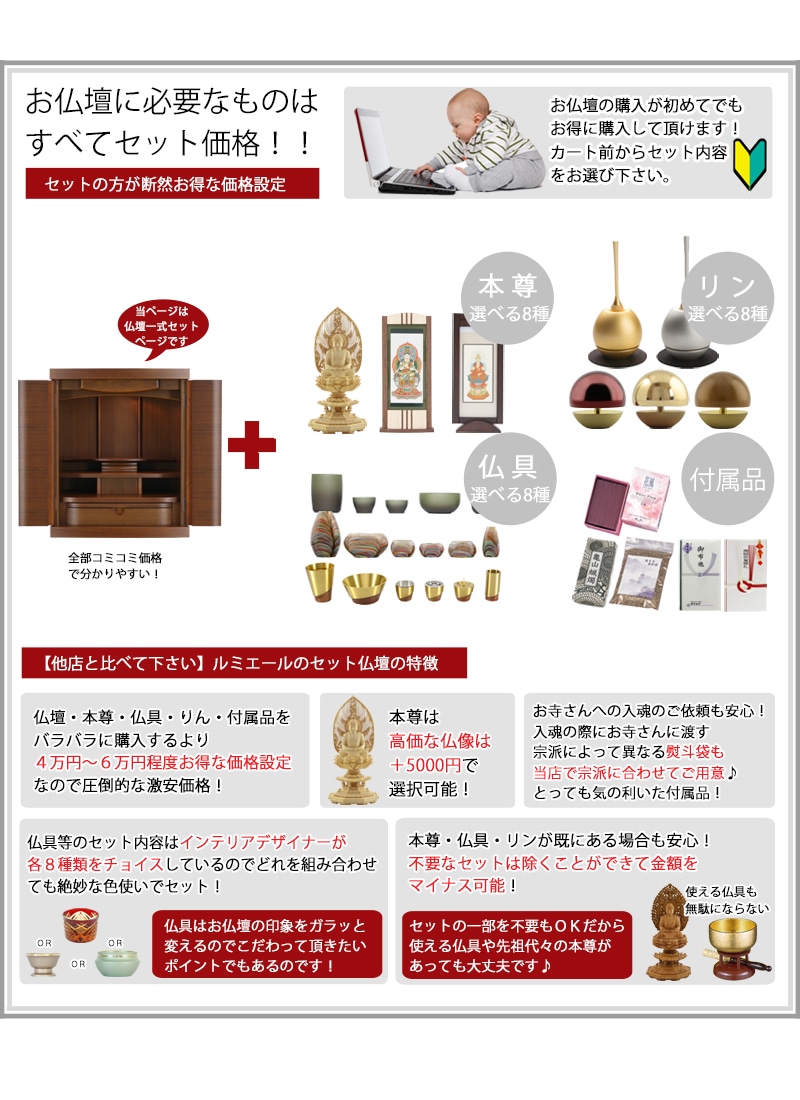 お仏壇に本尊・仏具セット・リン・付属品が全部セットで付くセット価格です。仏具は高級仏具が付きます。