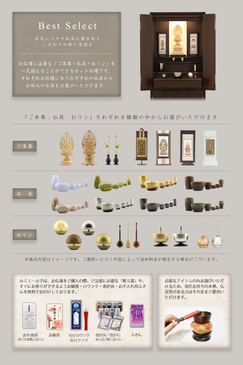 【選べる高級仏具付】モダン仏壇 月箔 ウォールナット 38号 ワイドタイプのセット仏具の内容について。