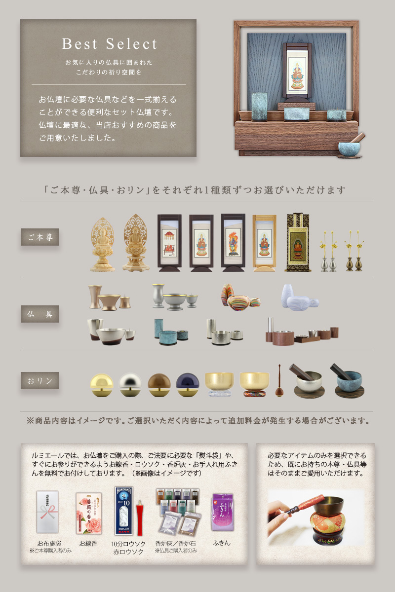 【選べる仏具付】ミニ仏壇 KAKOI ウォールナット&神代色のセット内容説明