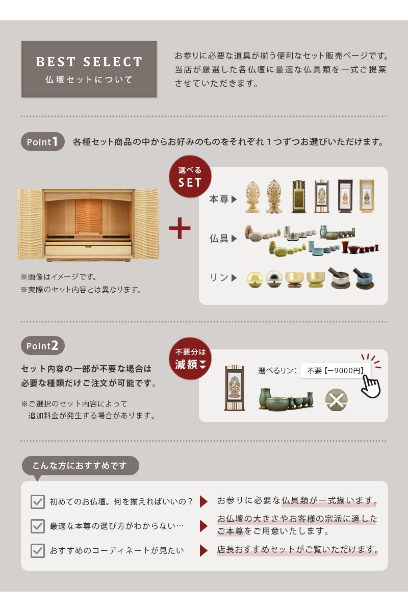 お好みの仏具をお選びいただけるセットページです。